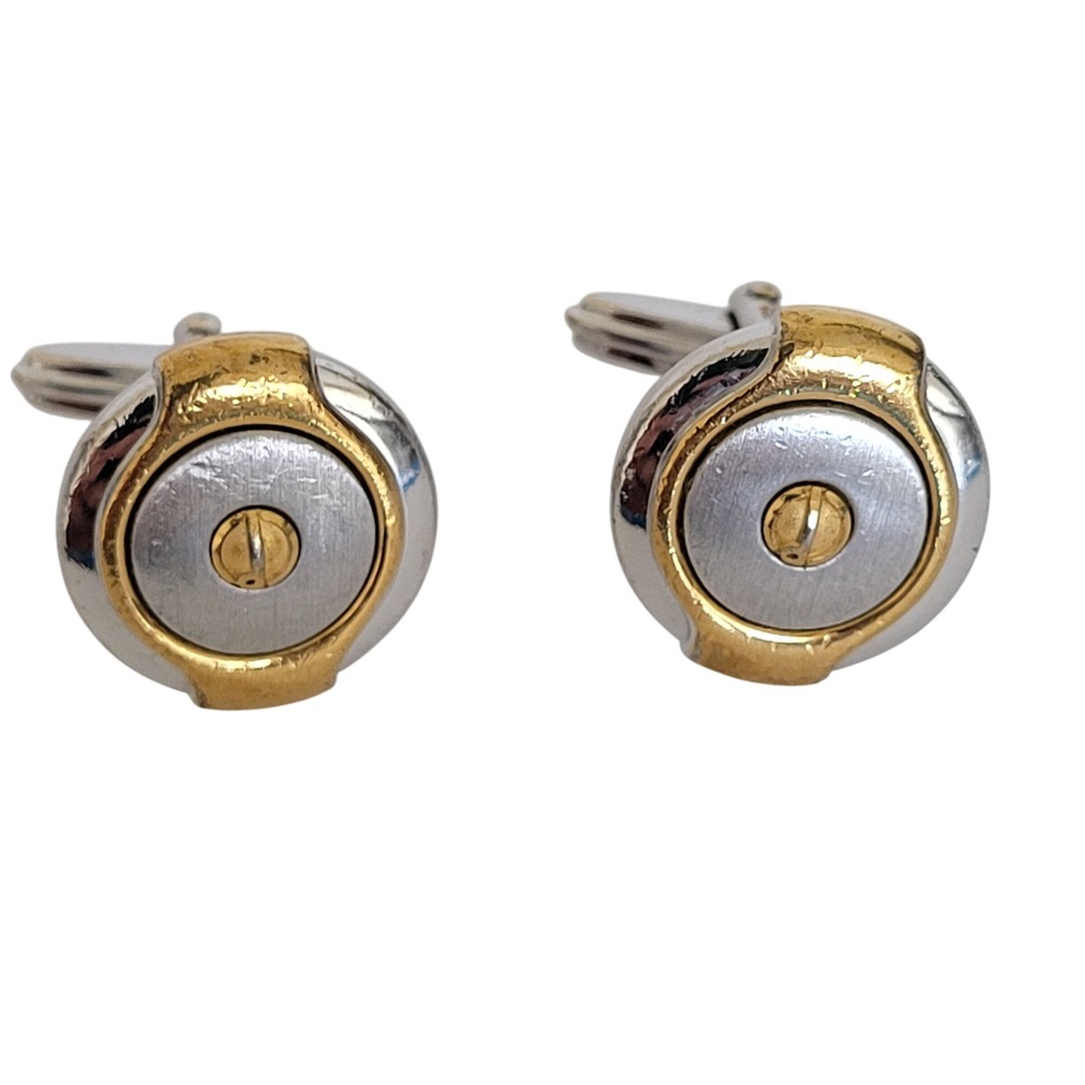 Dunhill AD Logo Two Tone Round Cufflinks Silver Gold Industrial Screw Design